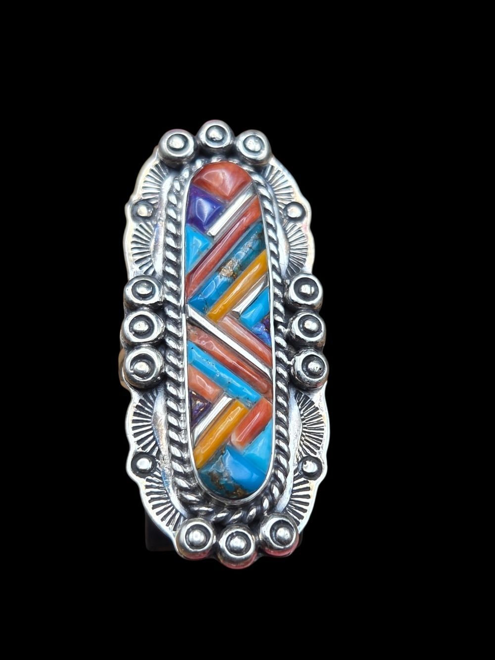 Sterling Silver Southwestern Turquoise & Coral Inlay Statement Ring Sz 6